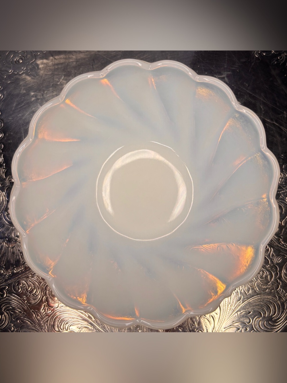 Vintage Hazel Atlas Alpine White Swirl Milk Glass Bowl 6” Scalloped Rim